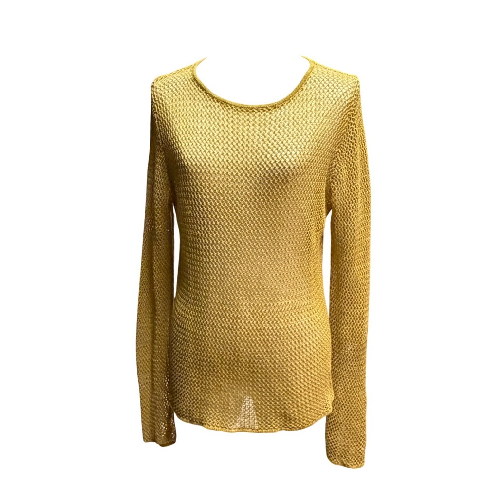 Eileen Fisher Sweater Men M Mustard Yellow Good Linen Open Knit Mesh Crewneck